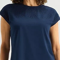 Liz Claiborne Womens Crew Neck Short Sleeve Embroidered Blouse