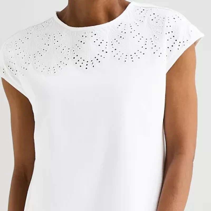 Liz Claiborne Womens Crew Neck Short Sleeve Embroidered Blouse