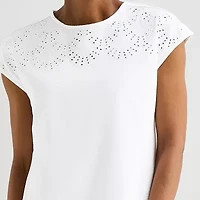 Liz Claiborne Womens Crew Neck Short Sleeve Embroidered Blouse