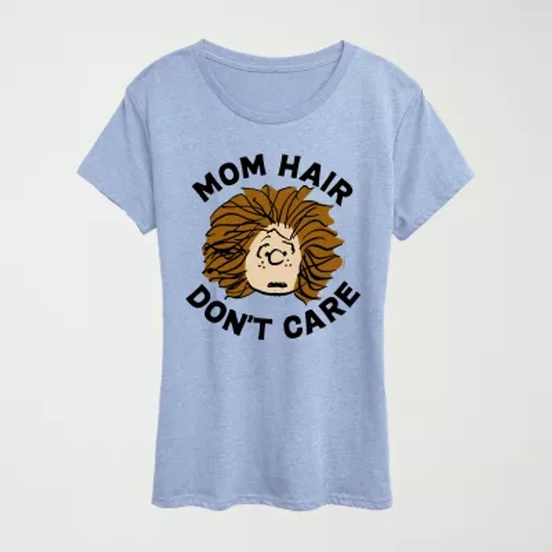 Mom Hair Dont Care Womens Scoop Neck Short Sleeve Classic Fit Peanuts Graphic T-Shirt