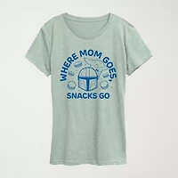 Where Mom Goes Snacks Womens Crew Neck Short Sleeve Classic Fit Baby Yoda Graphic T-Shirt