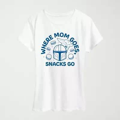 Where Mom Goes Snacks Womens Crew Neck Short Sleeve Classic Fit Baby Yoda Graphic T-Shirt