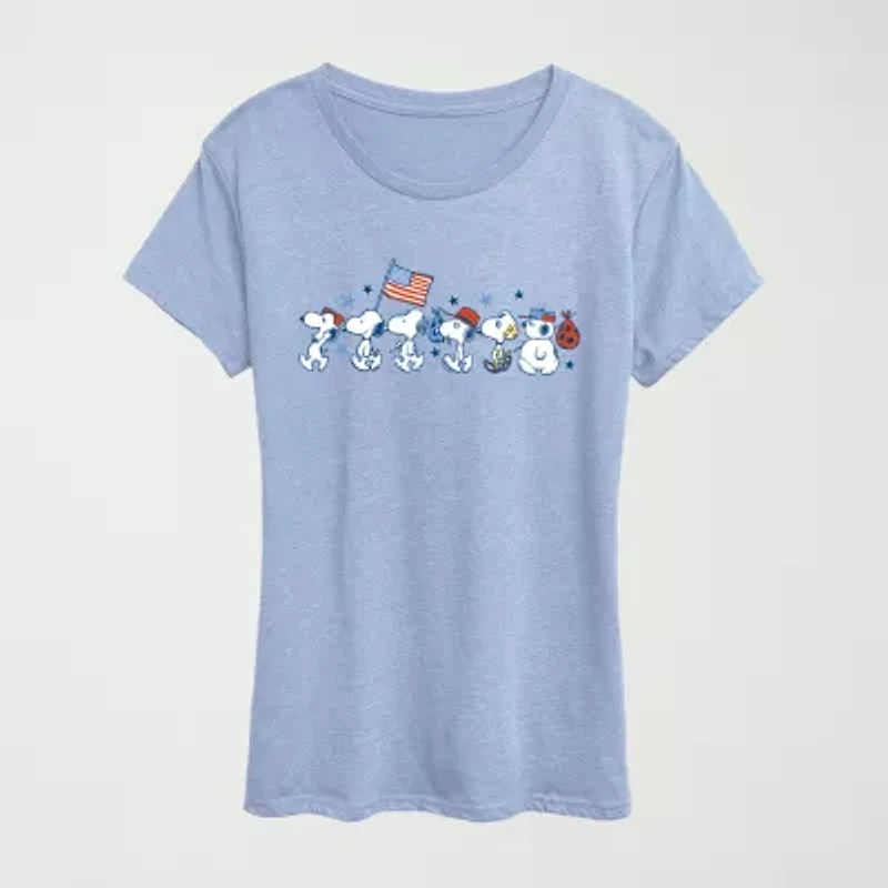 Snoopy Sibs Americana Womens Crew Neck Short Sleeve Classic Fit Graphic T-Shirt