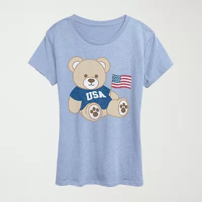 Usa Teddy Bear Womens Crew Neck Short Sleeve Classic Fit Graphic T-Shirt