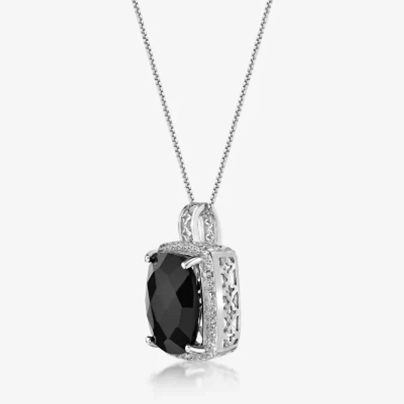 Womens Genuine Black Onyx Sterling Silver Cushion 18 Inch Pendant Necklace