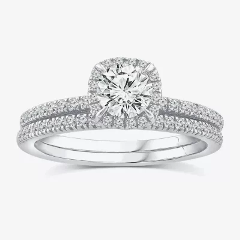 (F / VS2) Womens 1 CT. T.W. Lab Grown White Diamond 10K or 14K Gold Round Side Stone Halo Bridal Set