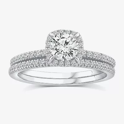 (F / VS2) Womens 1 CT. T.W. Lab Grown White Diamond 10K or 14K Gold Round Side Stone Halo Bridal Set