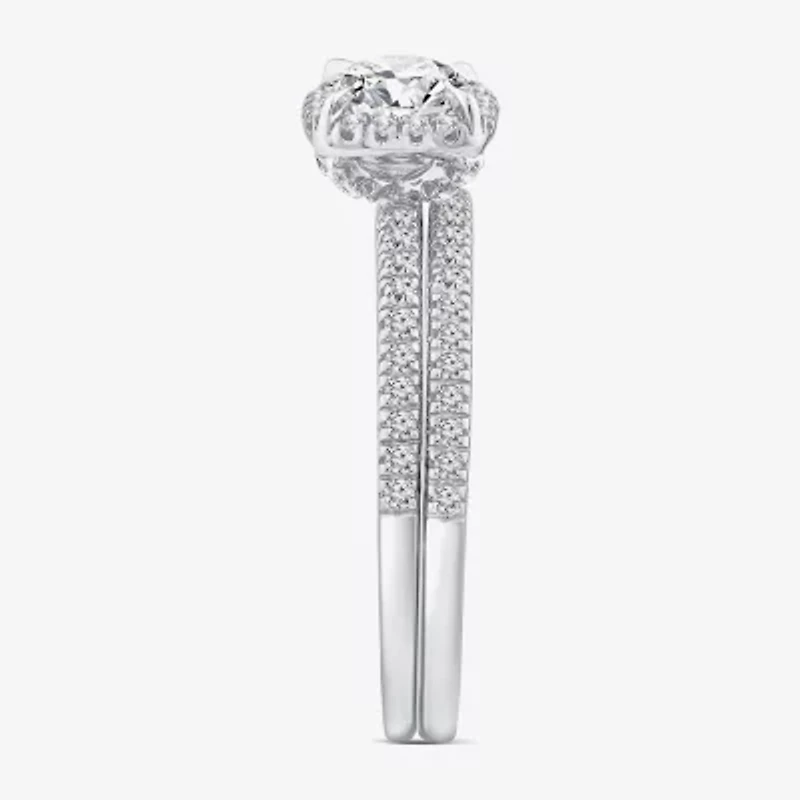 (F / VS2) Womens 1 CT. T.W. Lab Grown White Diamond 10K or 14K Gold Round Side Stone Halo Bridal Set