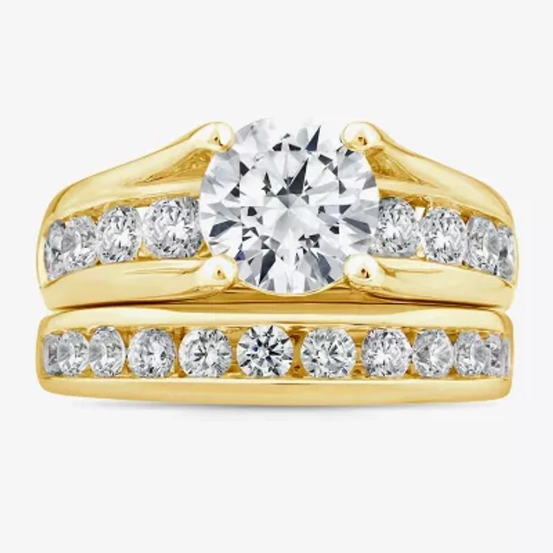 (G / Si1-Si2) Womens 4 CT. T.W. Lab Grown White Diamond 10K Gold Round Side Stone Bridal Set