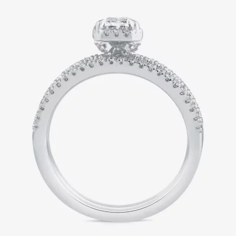 (G / Si1-Si2) Womens 1 CT. T.W. Lab Grown White Diamond 10K Gold Side Stone Halo Bridal Set
