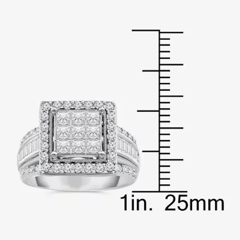 (I / I1) Womens 2 CT. T.W. Lab Grown White Diamond 10K Gold Side Stone Halo Engagement Ring