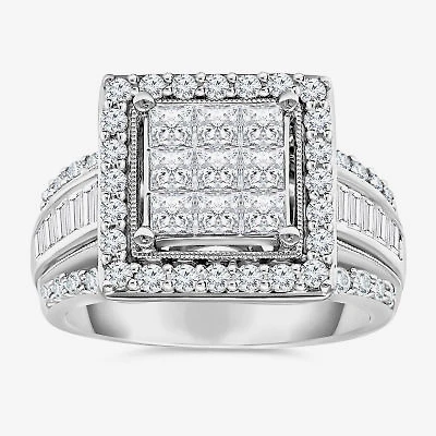 (I / I1) Womens 2 CT. T.W. Lab Grown Diamond 10K White Gold Side Stone Halo Engagement Ring