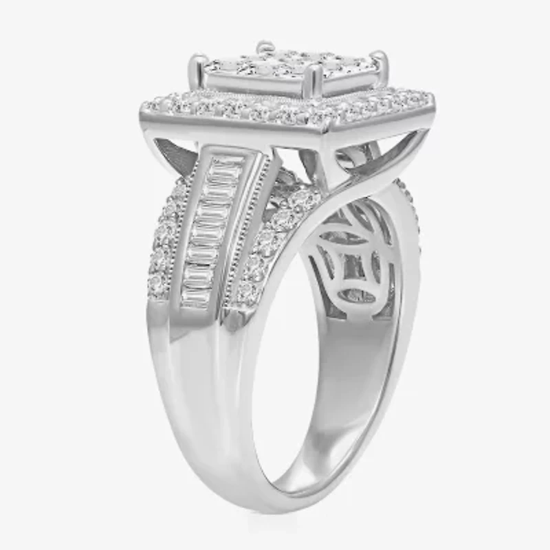 (I / I1) Womens 2 CT. T.W. Lab Grown Diamond 10K White Gold Side Stone Halo Engagement Ring