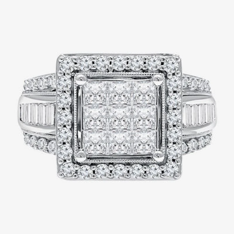(I / I1) Womens 2 CT. T.W. Lab Grown Diamond 10K White Gold Side Stone Halo Engagement Ring