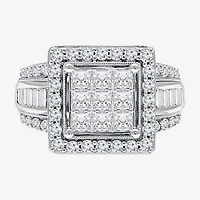 (I / I1) Womens 2 CT. T.W. Lab Grown Diamond 10K White Gold Side Stone Halo Engagement Ring
