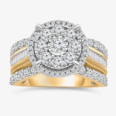 (I / I1) Womens 2 CT. T.W. Lab Grown White Diamond 10K Gold Round Side Stone Halo Engagement Ring