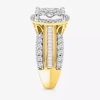 (I / I1) Womens 2 CT. T.W. Lab Grown White Diamond 10K Gold Round Side Stone Halo Engagement Ring