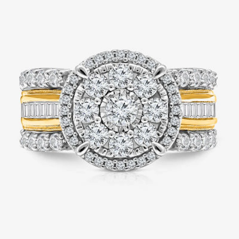 (I / I1) Womens 2 CT. T.W. Lab Grown White Diamond 10K Gold Round Side Stone Halo Engagement Ring