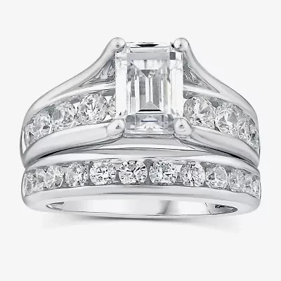 (G / Si1-Si2) Womens 4 CT. T.W. Lab Grown White Diamond 10K Gold Emerald Side Stone Bridal Set