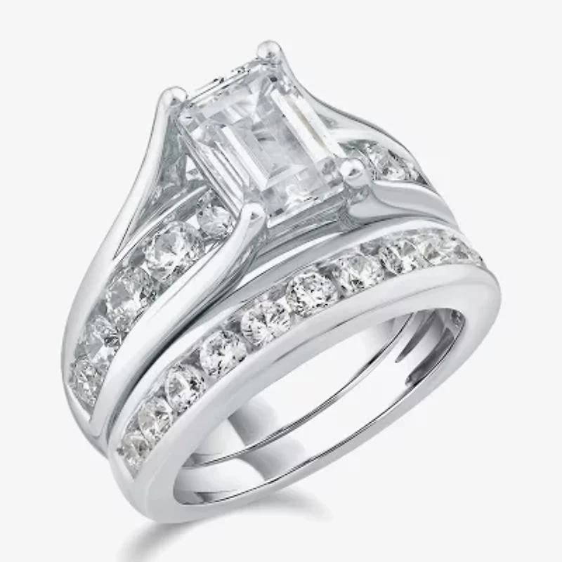 (G / Si1-Si2) Womens 4 CT. T.W. Lab Grown White Diamond 10K Gold Emerald Side Stone Bridal Set