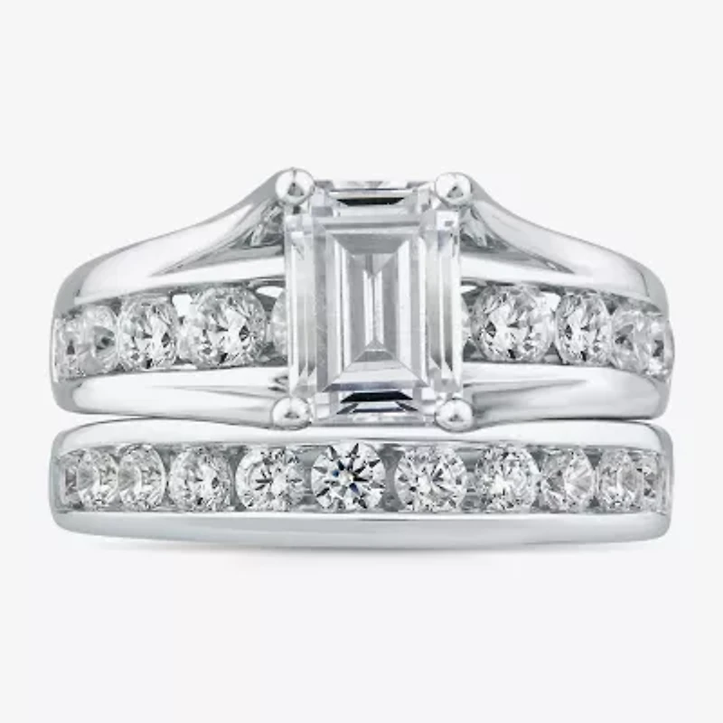 (G / Si1-Si2) Womens 4 CT. T.W. Lab Grown White Diamond 10K Gold Emerald Side Stone Bridal Set