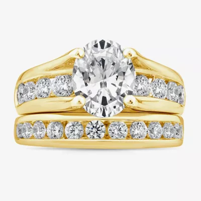 (G / Si1-Si2) Womens 4 CT. T.W. Lab Grown White Diamond 10K Gold Oval Side Stone Bridal Set