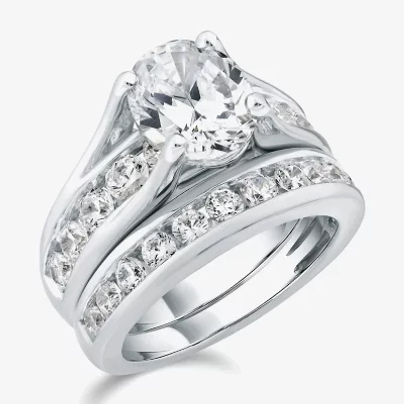 (G / Si1-Si2) Womens 4 CT. T.W. Lab Grown White Diamond 10K Gold Oval Side Stone Bridal Set