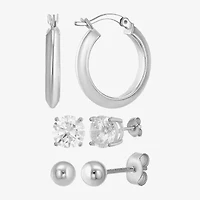 Womens Cubic Zirconia Sterling Silver Round 3 Pair Earring Set