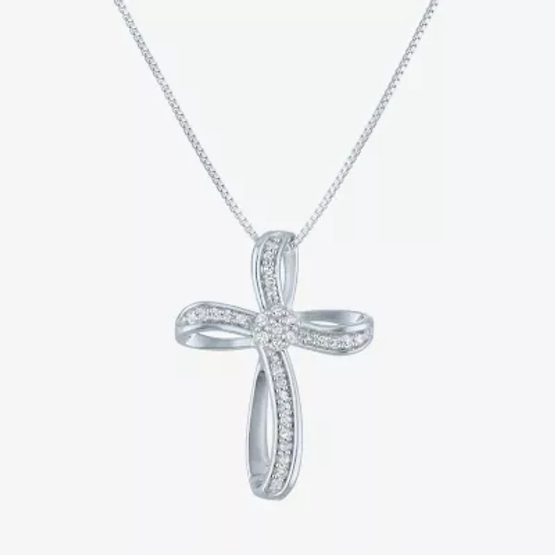 Diamond Blossom (G-H / Si2-I1) Womens 1/10 CT. T.W. Lab Grown White Sterling Silver Cross 18 Inch Pendant Necklace