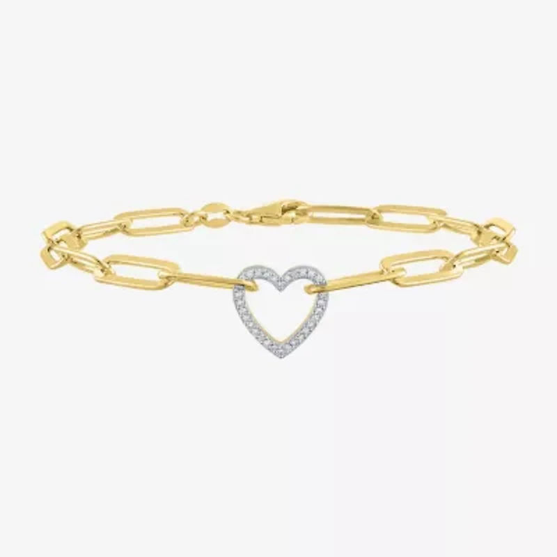 (G-H / I1-I2) Womens 14K Gold Over Silver Sterling Silver 8 Inch Paperclip Heart Chain Bracelet