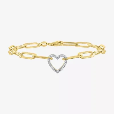 (G-H / I1-I2) Womens 14K Gold Over Silver Sterling Silver 8 Inch Paperclip Heart Chain Bracelet