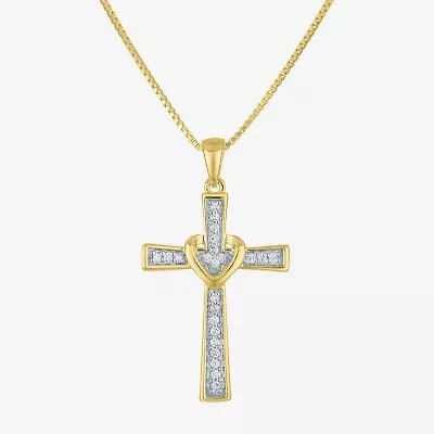 (G-H / I1-I2) Womens 1/10 CT. T.W. Lab Grown White Diamond 14K Gold Over Silver Cross 18 Inch Pendant Necklace