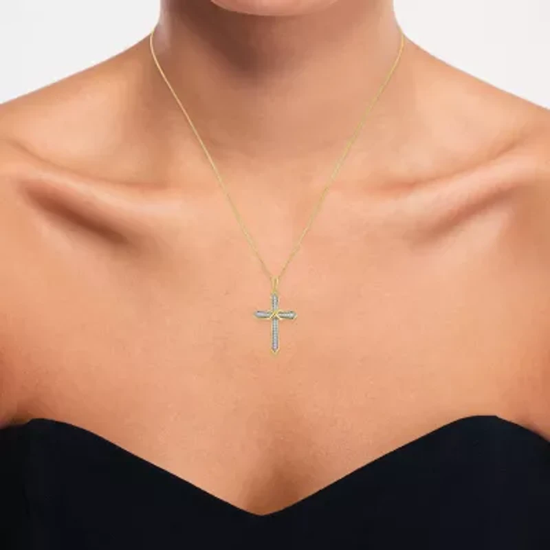 (G-H / Si2-I1) Womens 1/10 CT. T.W. Lab Grown White Diamond 14K Gold Over Silver Cross 18 Inch Pendant Necklace