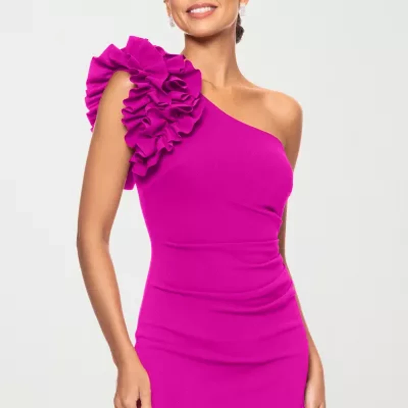 DJ Jaz One Shoulder Womens Applique Sleeveless Midi Sheath Dress