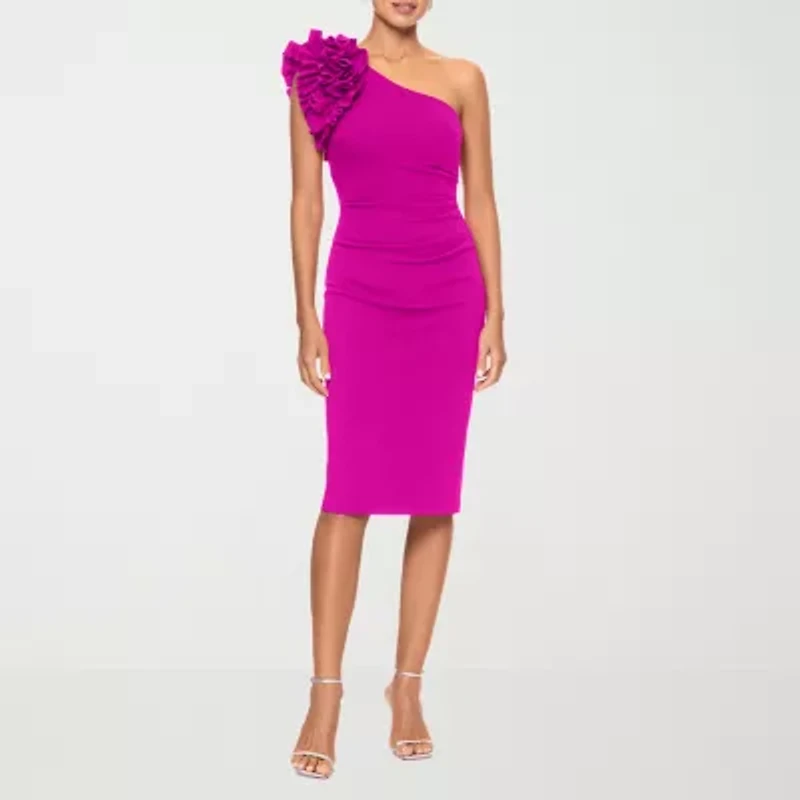 DJ Jaz One Shoulder Womens Applique Sleeveless Midi Sheath Dress