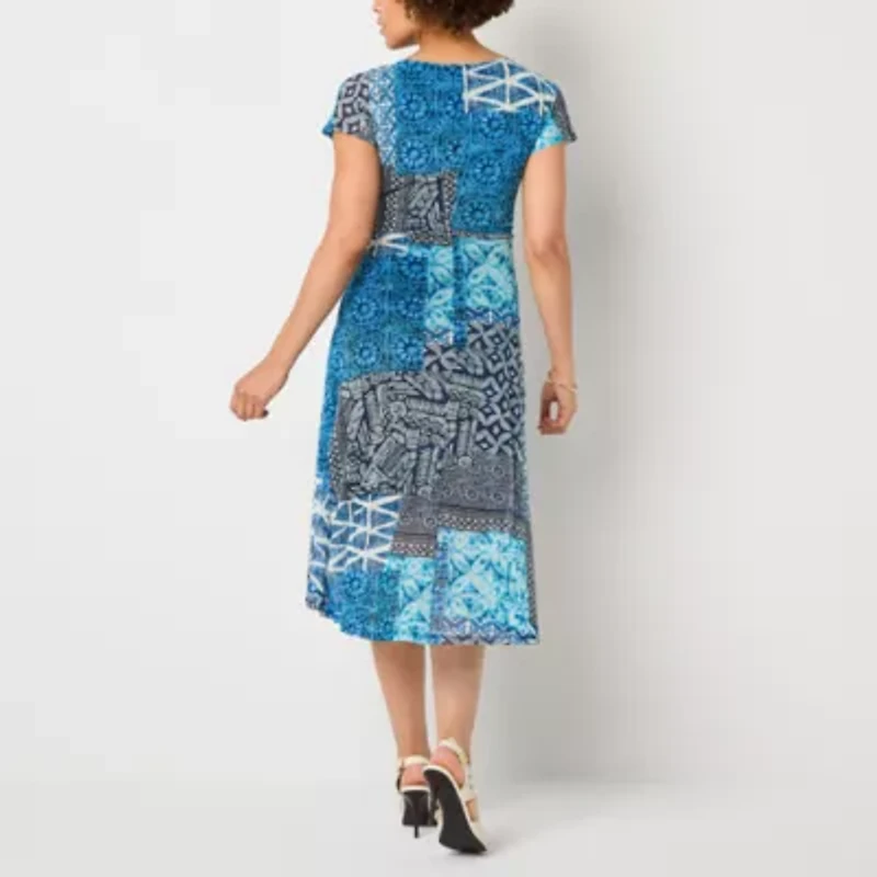 Robbie Bee Womens Short Sleeve Patchwork Midi Fit + Flare Dress