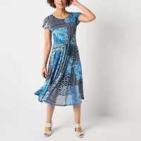 Robbie Bee Womens Short Sleeve Patchwork Midi Fit + Flare Dress