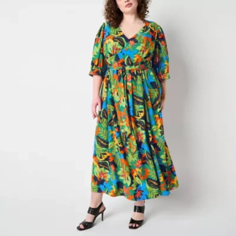 52seven Womens Short Sleeve Floral Plus Maxi Dress