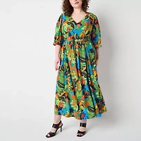 52seven Womens Short Sleeve Floral Plus Maxi Dress
