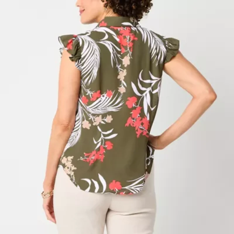 Liz Claiborne Womens Sleeveless Cap Sleeve Regular Fit Button-Down Shirt