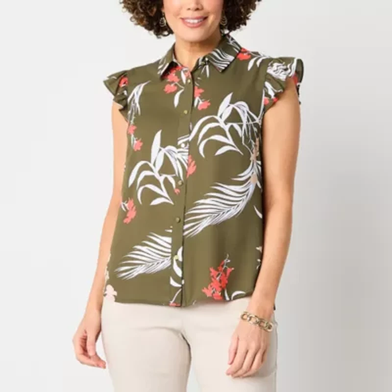 Liz Claiborne Womens Sleeveless Cap Sleeve Regular Fit Button-Down Shirt