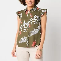 Liz Claiborne Womens Sleeveless Cap Sleeve Regular Fit Button-Down Shirt
