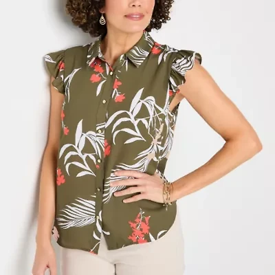 Liz Claiborne Womens Sleeveless Cap Sleeve Regular Fit Button-Down Shirt