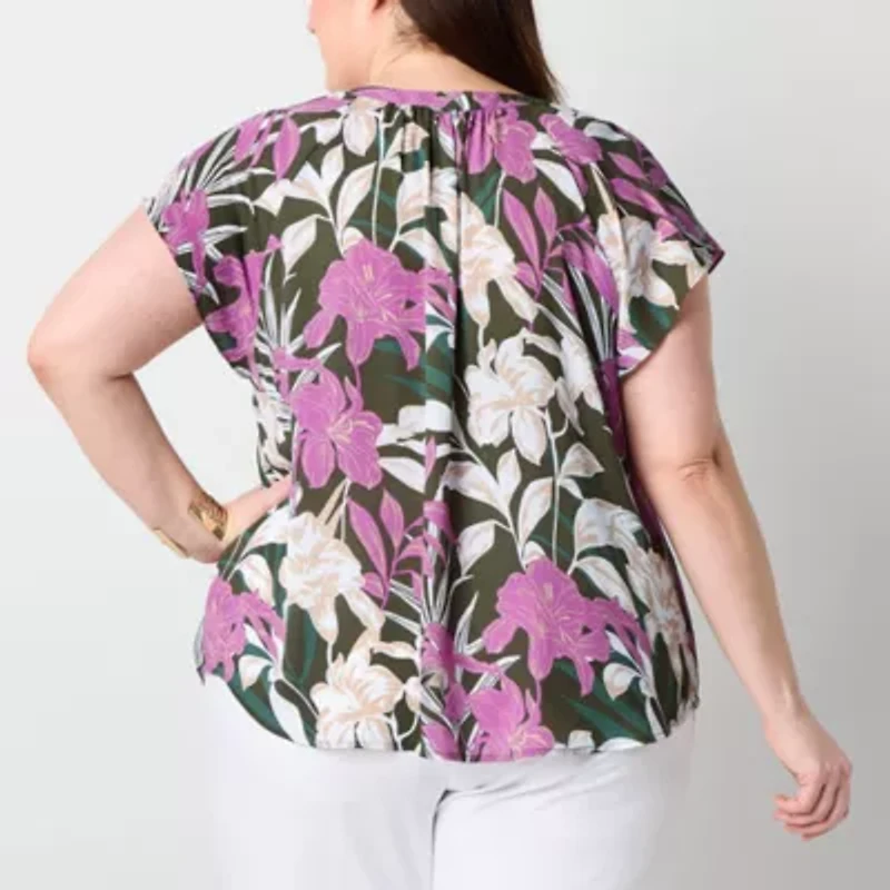 Liz Claiborne Womens Split Tie Neck Short Sleeve Plus Blouse