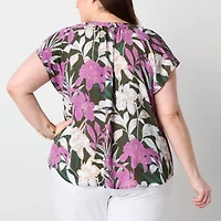 Liz Claiborne Womens Split Tie Neck Short Sleeve Plus Blouse