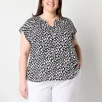 Liz Claiborne Womens Split Tie Neck Short Sleeve Plus Blouse