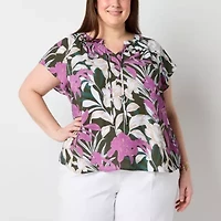 Liz Claiborne Womens Split Tie Neck Short Sleeve Plus Blouse
