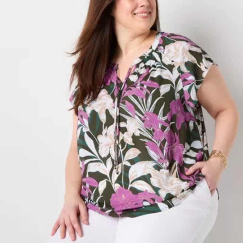 Liz Claiborne Womens Split Tie Neck Short Sleeve Plus Blouse