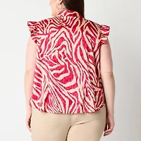 Liz Claiborne Womens Easy-on + Easy-off Sleeveless Flutter Sleeve Regular Fit Plus Button-Down Shirt