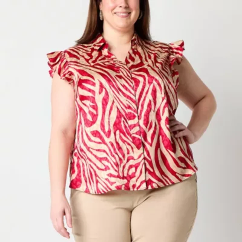 Liz Claiborne Womens Easy-on + Easy-off Sleeveless Flutter Sleeve Regular Fit Plus Button-Down Shirt